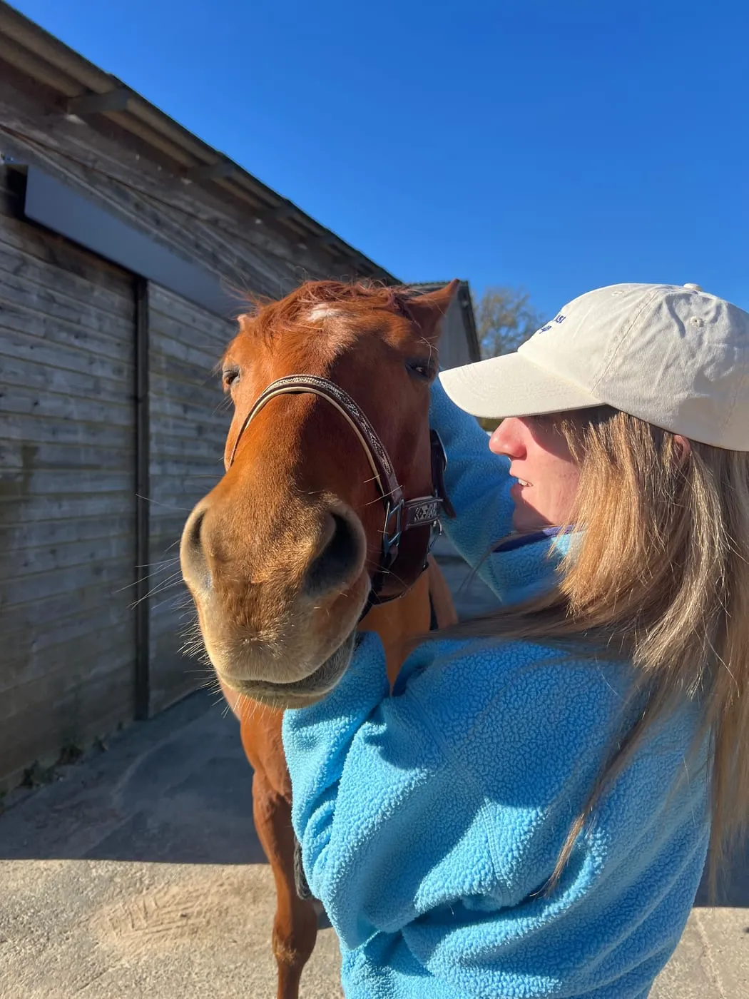 Julianne complice avec un cheval à l'écurie